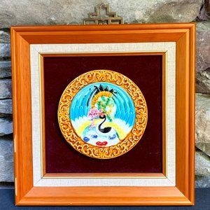 Asian Crane Porcelain Tile Framed Chinese Art Ceramic In Box